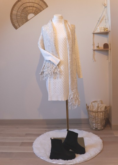 Echarpe à franges - écru / gris chiné