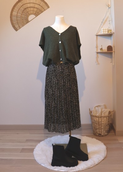 jupe midi plissée  leopard kaki