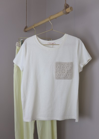 T-shirt poche en macramé - écru